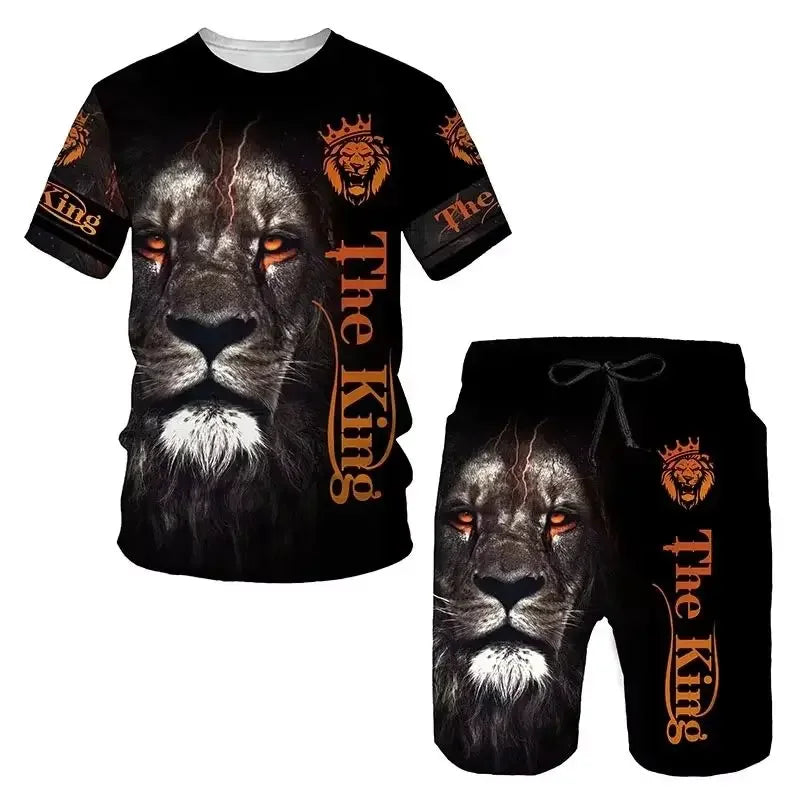 Men's Outdoor Printed T-shirt Shorts 2-piece Set 3D Printed O-neck Fashionable Men's Casual Breathable and Comfortable Set
