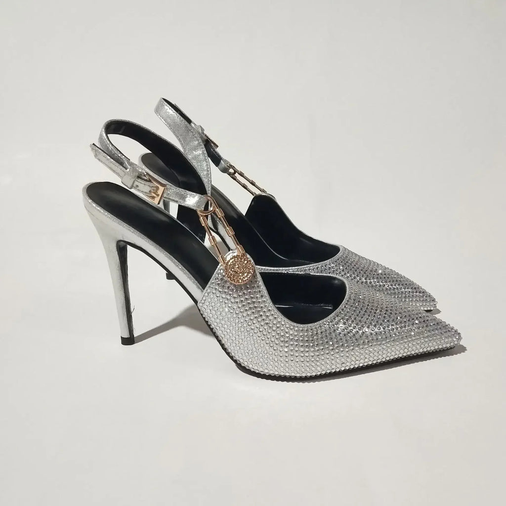 2025Women's Sexy Silk Rhinestone Pumps Belt Buckle Back Hollow Pointed Toe Thin Heel Sandals Pumps Female High Heels Party Shoes