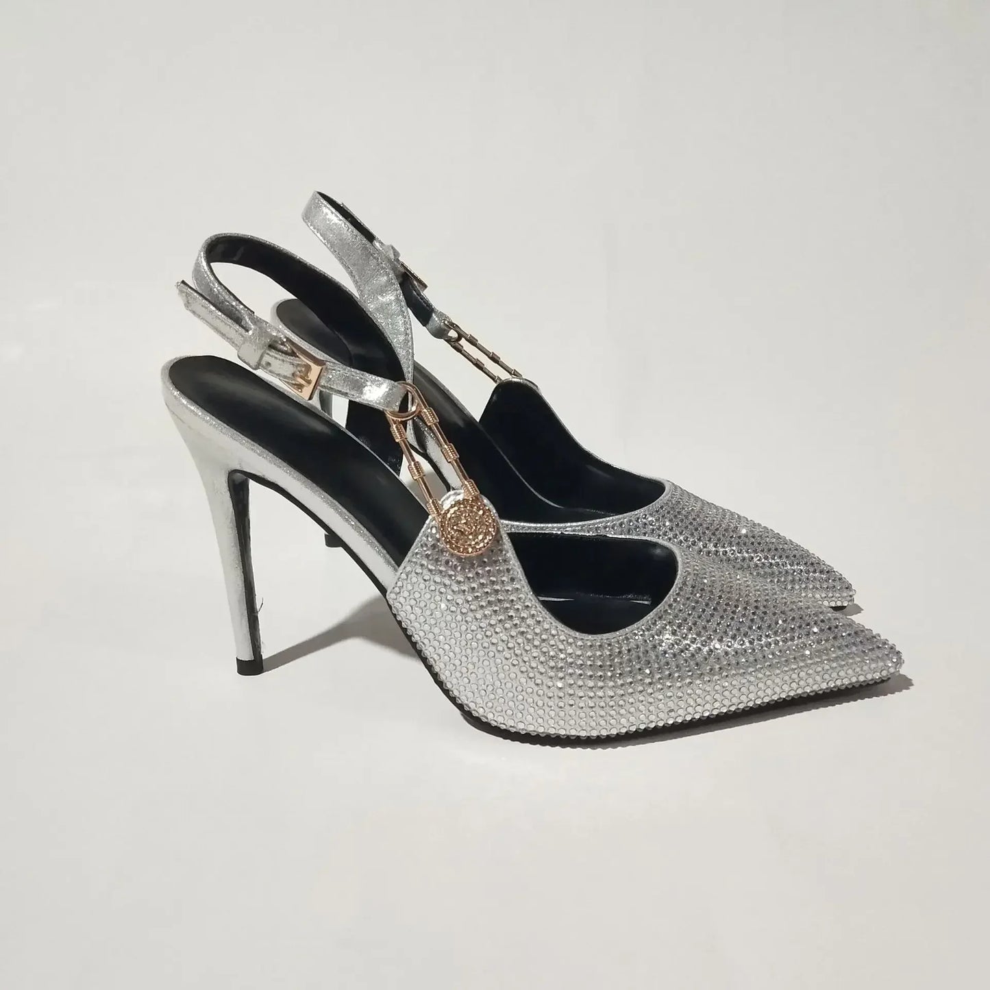 2025Women's Sexy Silk Rhinestone Pumps Belt Buckle Back Hollow Pointed Toe Thin Heel Sandals Pumps Female High Heels Party Shoes