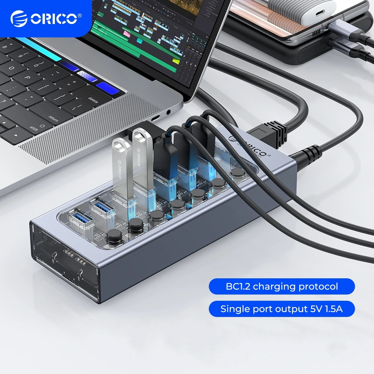 ORICO Aluminum Powered USB3.0 HUB 7/10 Ports USB Extension with Switches 12V Power Adapter Support BC1.2 Charging Splitter