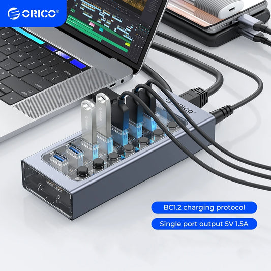 ORICO Aluminum Powered USB3.0 HUB 7/10 Ports USB Extension with Switches 12V Power Adapter Support BC1.2 Charging Splitter