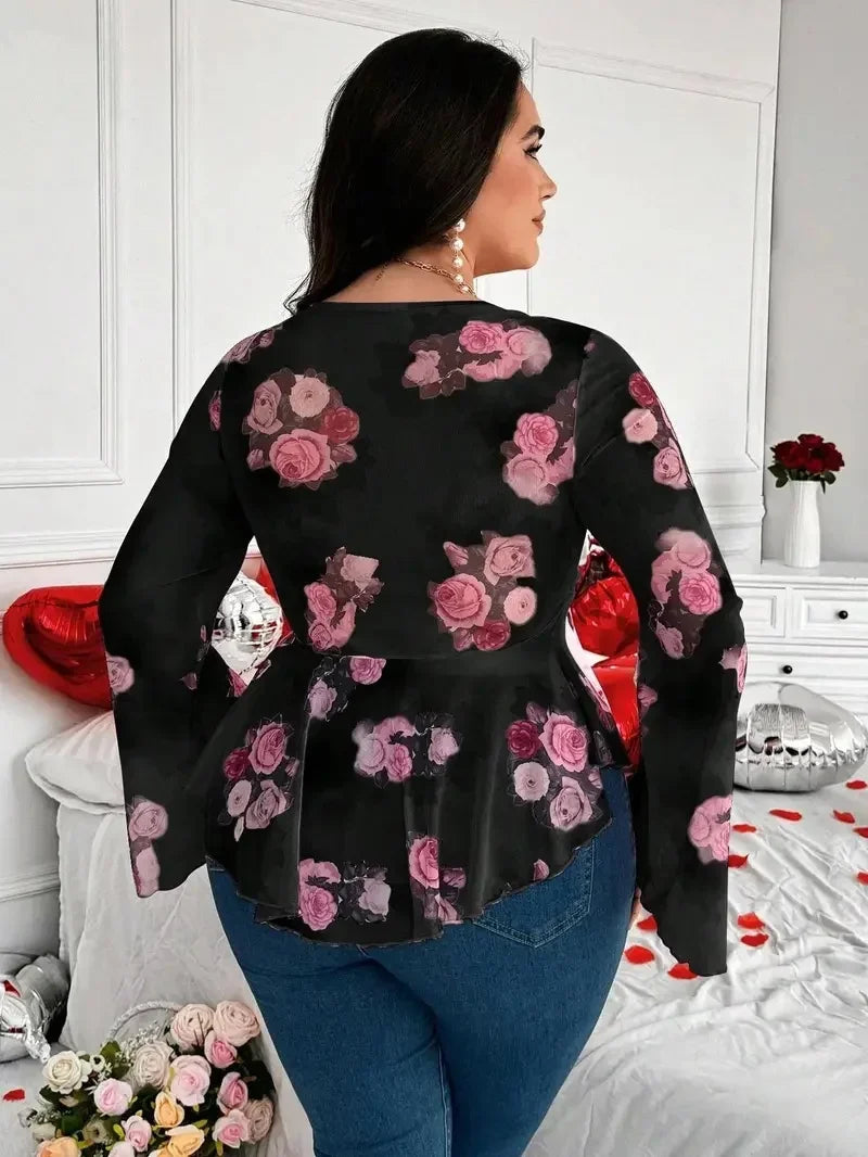 New net fabric rose flower printed net fabric blouse with fitted long sleeves, elegant series net fabric strapless long-sleeved