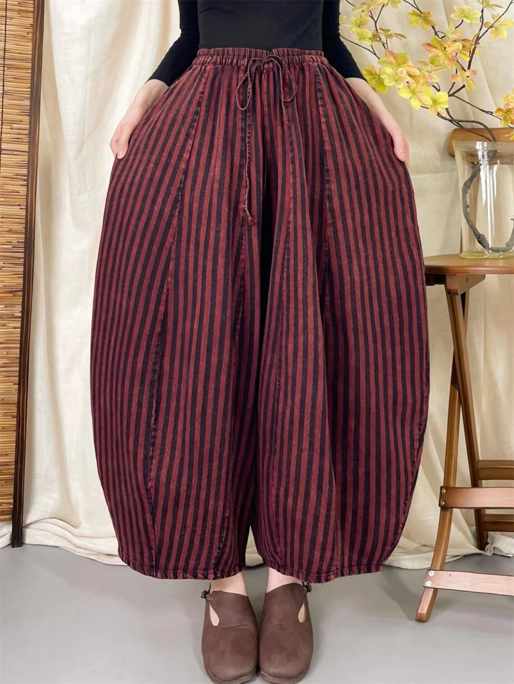 High Quality Cotton Linen Casual Pants Women New Arrival 2024 Autumn Vintage Style Striped Female High Waist Harem Pants M075