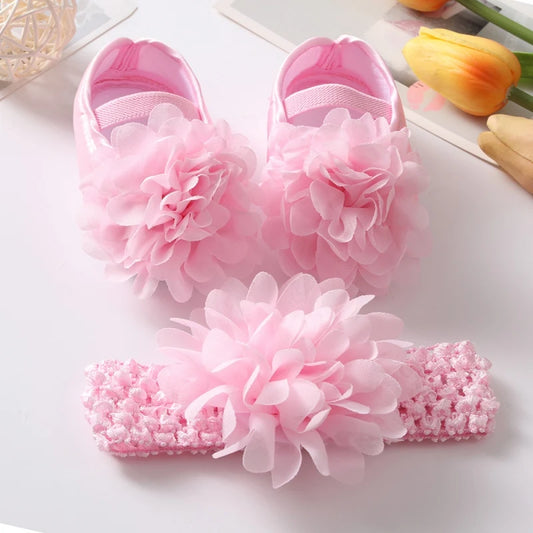 Infant Baby Girls Shoes with Headband Soft Sole Non-slip Flower Princess Wedding Dress Walking Shoes