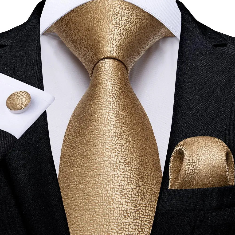 Barry.Wang Gold Beige Yellow Brown Tulip Silk Men Tie Handkerchief Cufflink Set Jacquard Necktie for Male Wedding Business Party