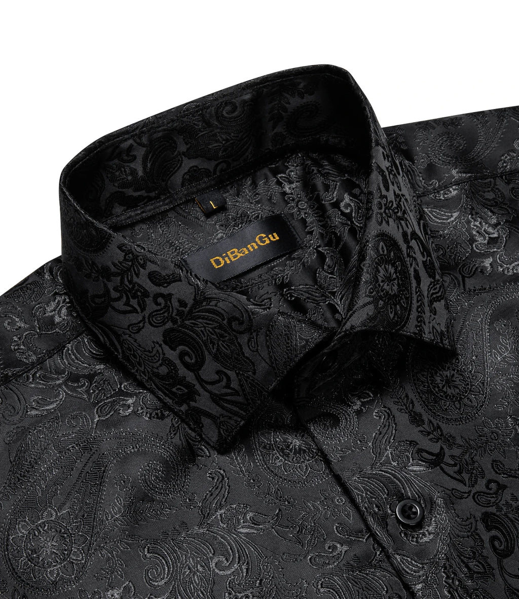 DiBanGu Silk Polyester Dress Shirts for Men Black Solid Paisley Red Silver Long Sleeve Turn Down Collar Prom Social Men's Shirt