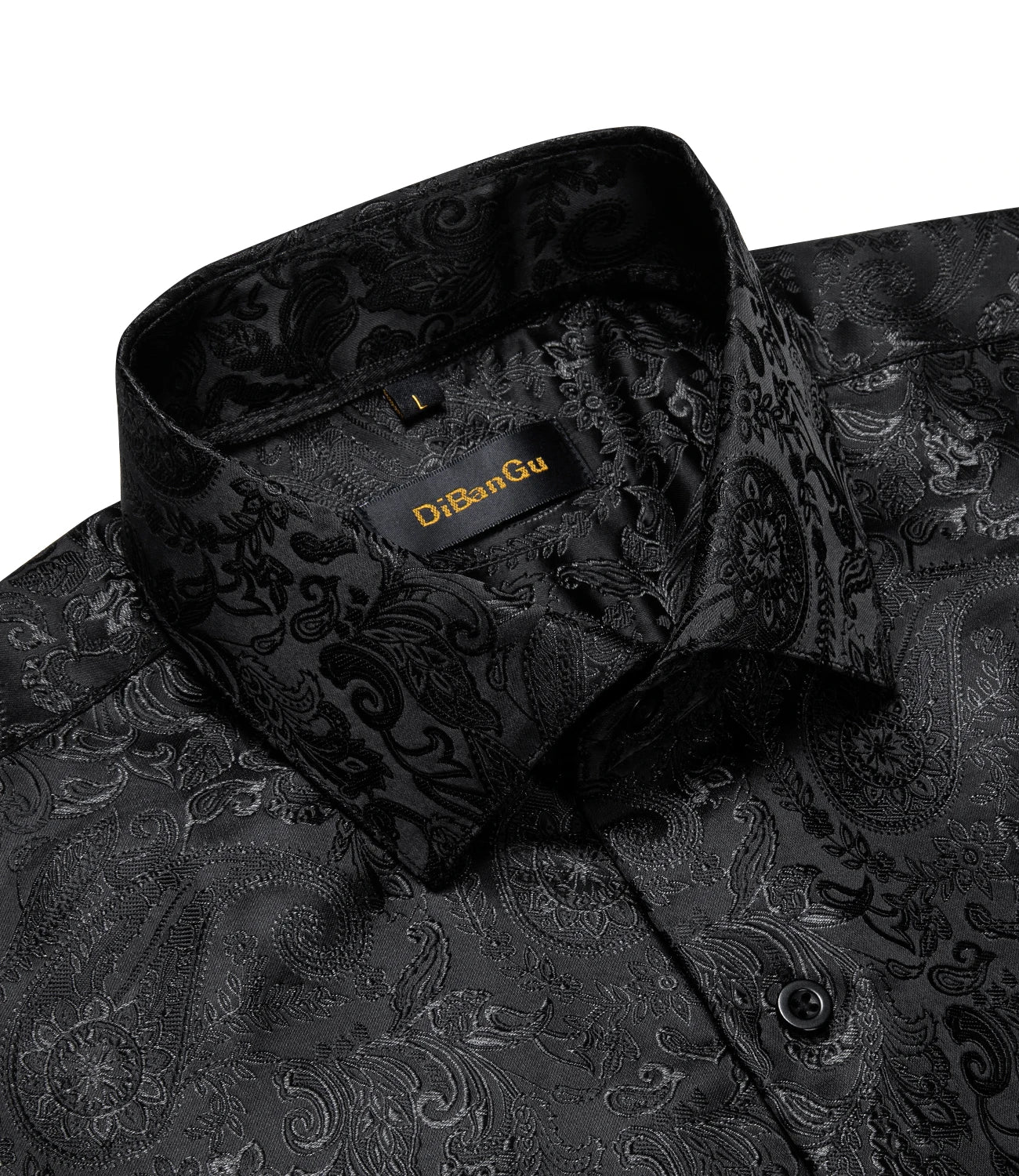 DiBanGu Silk Polyester Dress Shirts for Men Black Solid Paisley Red Silver Long Sleeve Turn Down Collar Prom Social Men's Shirt