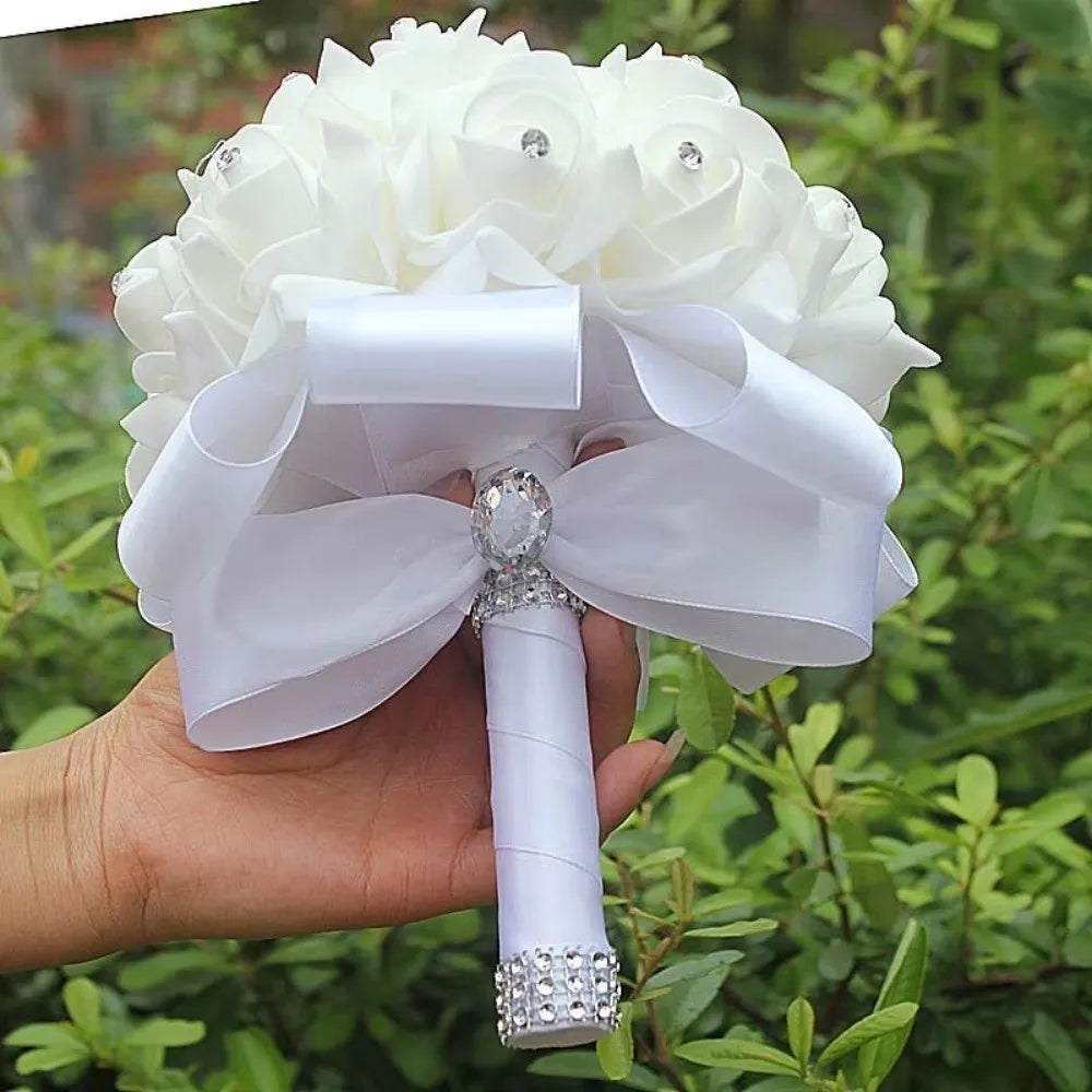 Romantic Rose Flower Bouquet PE Flower Satin Bridal Wedding Bouquet Simulation Artificial Rose Flower Bridal Wedding