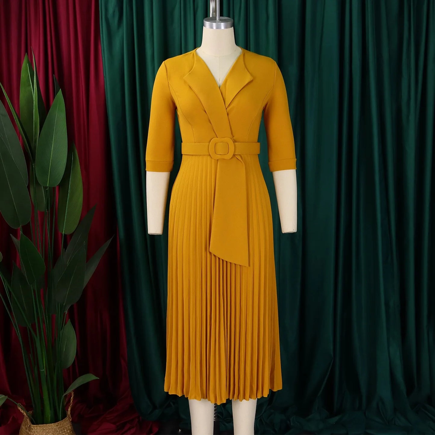 Elegant Office Ladies Dresses 2024 Autumn Fall Notched Collar Half Sleeve Belt Waisted Mid Calf Female Birthday Party Dress Midi