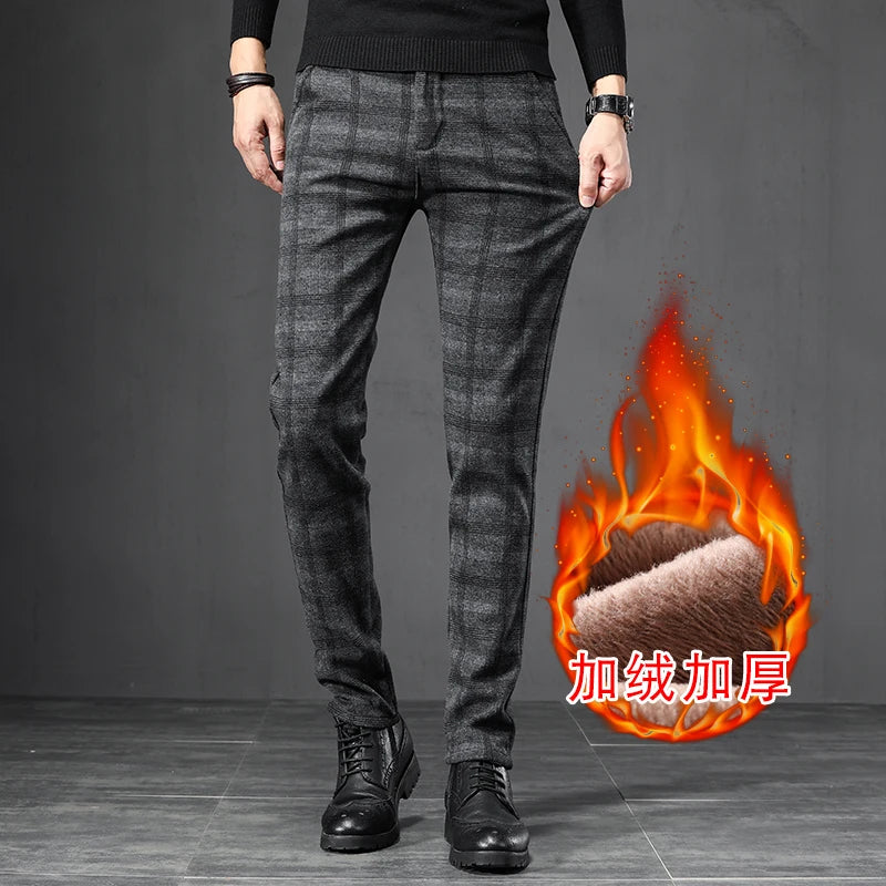 Winter Fleece Warm Pants Men England Plaid High Quality Business Slim Cotton Long Trousers Male Black Gray Pant Big Size 28-38