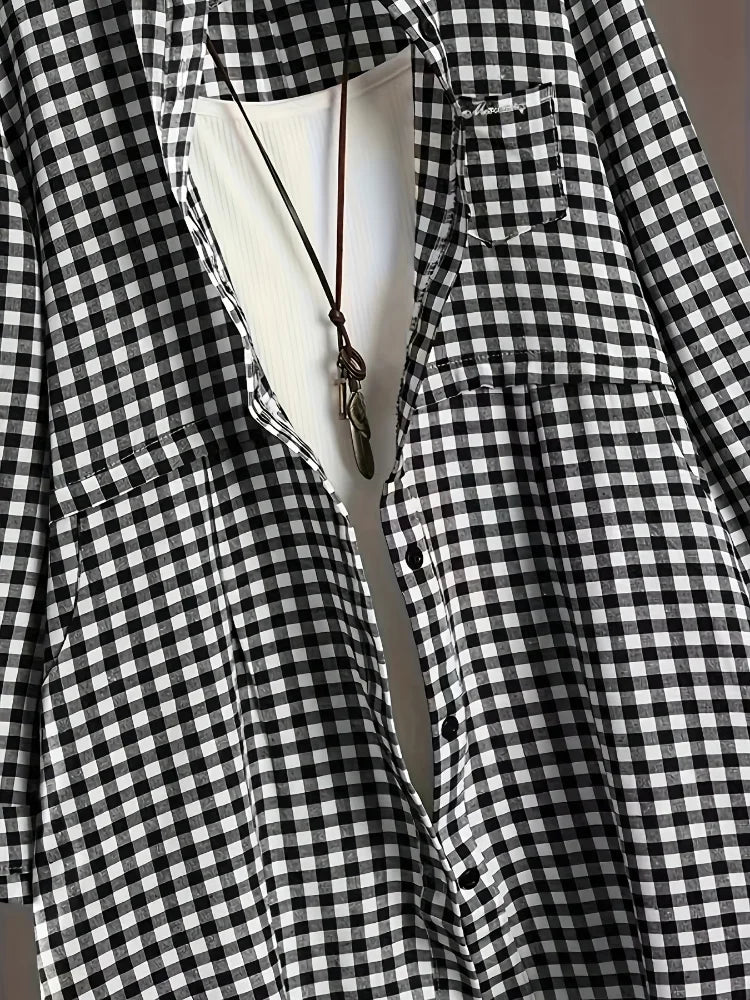 Plus Size New Korean Fashion Blouses Plaid Button Solid Midi Autumn Shirt Female All-match Loose Long Sleeve Polo-Neck Blouse