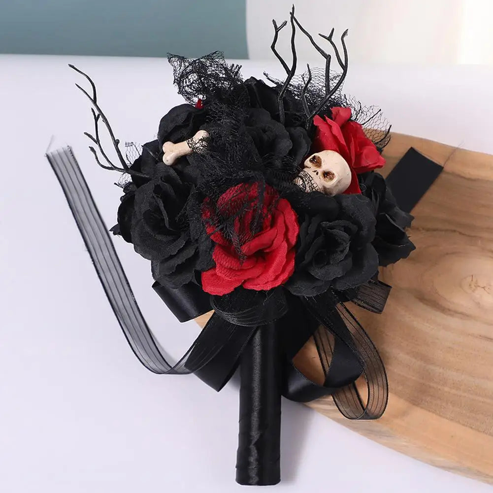Yannew Black Burgundy Gothic Bridal Bouquets for Bride Bridesmaids Artifiicial Silk Foam Roses Flower Wedding Bouquet Halloween