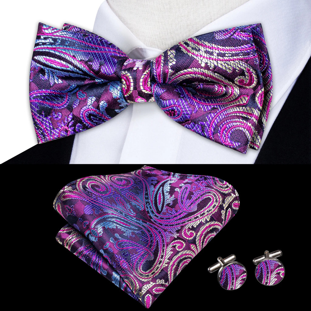 Hi-Tie Pink Dot Silk Mens Pre-tied Bow Tie Hanky Cufflink Set Dusty Pink Butterfly Knot Bowtie for Male Wedding Business