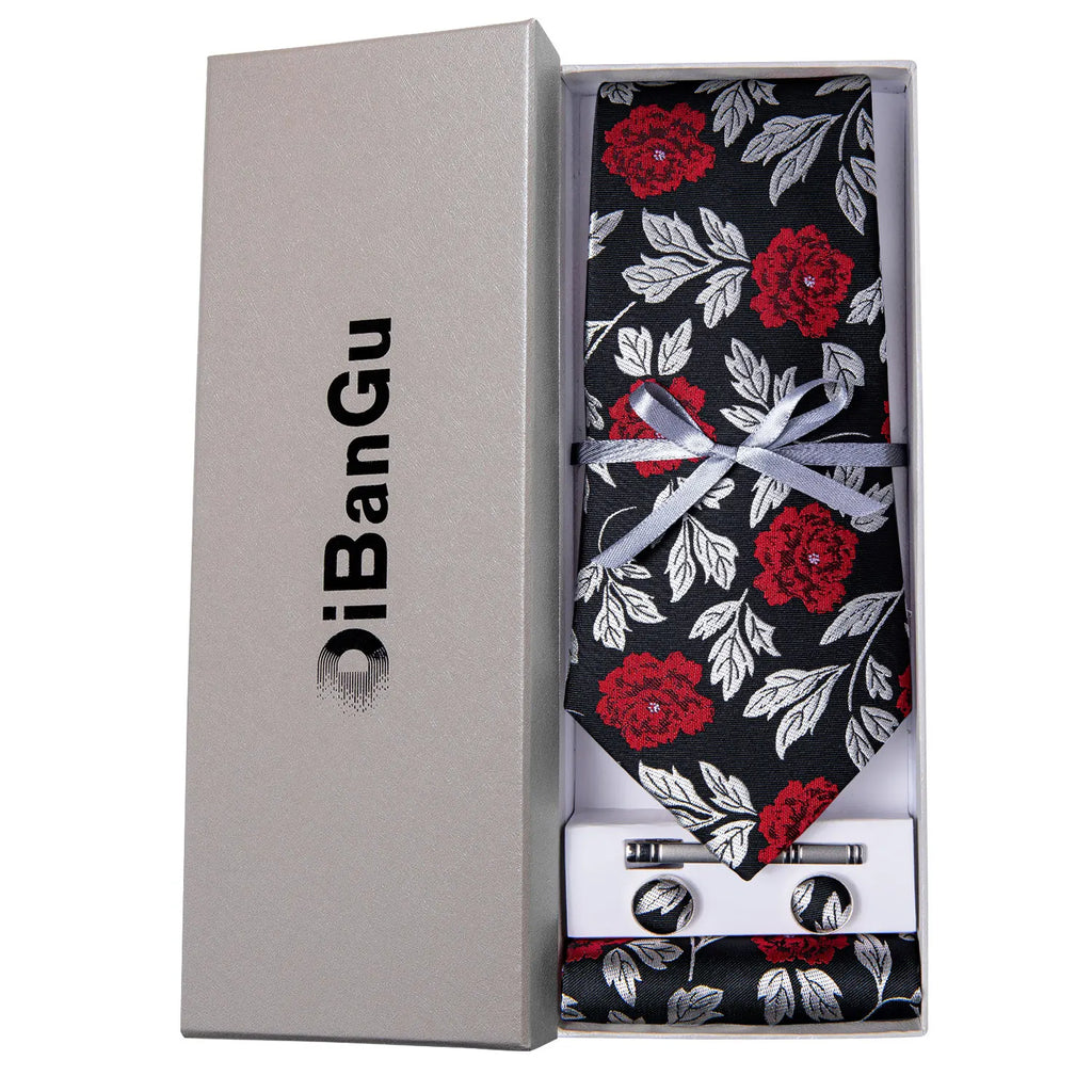 Solid Black Plaid Men's 8cm Polyester Neck Tie Handkerchief Cufflinks Set with Gift Box Tie Clip Birthday Anniversary Gift