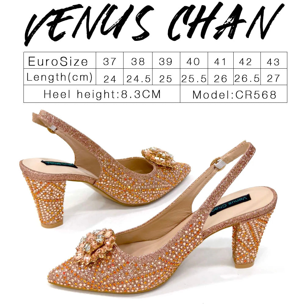 Venus Chan Nigerian Women Heel Party Ladies Italian Design Shoes And Bag Set Decorated with Rhinestone Handbag Wedding Party