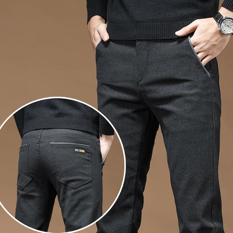 Winter Fashion Thermal Mens Casual Pants Fleece Lined Straight  Business Trousers Versatile Black Gray Blue Brand Trousers