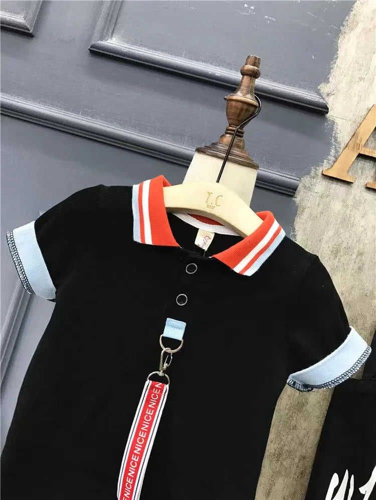 Boys' Summer 2024 New Set Summer Children's Clothing Children's Clothing Boys' Black T-shirt+Shorts Kids Outfits