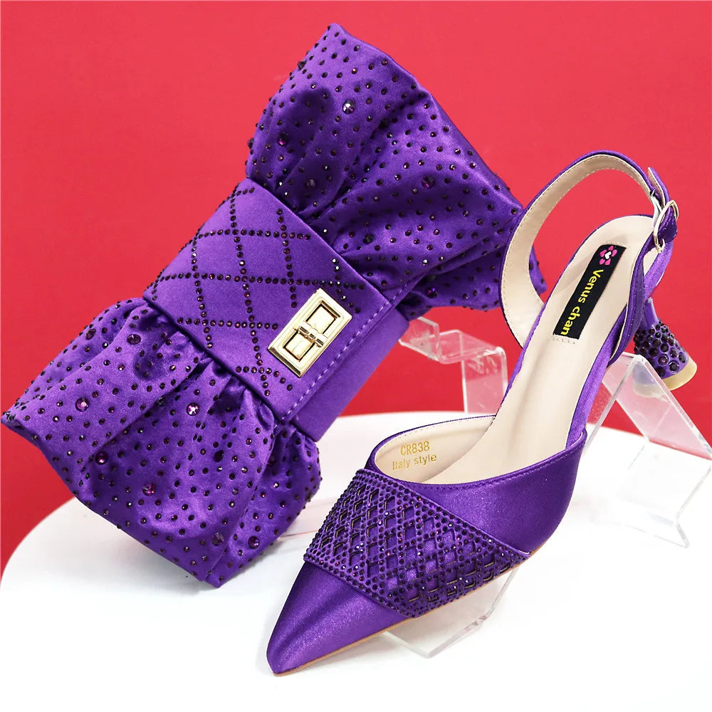Latest Women Italian Shoes and Matching Bags Decorated with Rhinestone Elegant Pointed Toe Wedding Shoes Bride