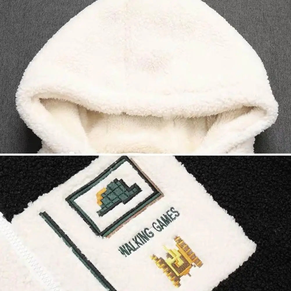 Women Autumn Winter Jacket Hooded Colorblock Thick Plush Long Sleeve Letter Embroidery Drawstring Cardigan Lady Mid Length Coat