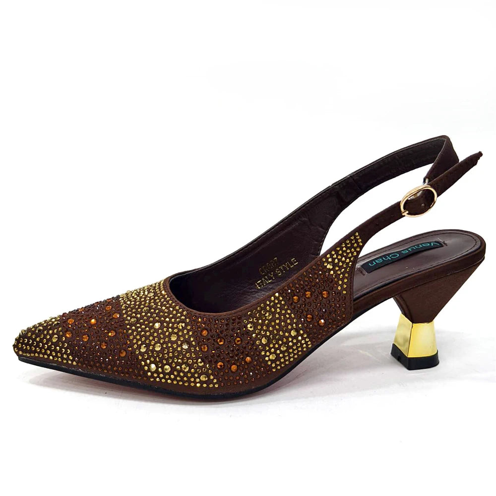 Venus Chan 2024 Hot Selling INS Pointed-Toe Luxury Style High Heels Sandal With Bag Set in Gold Color For Wedding Party Women