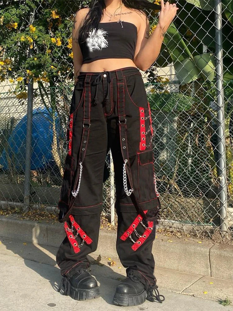 SUCHCUTE Gothic Bandage Chain Women Pants Hip Hop Fairycore Vintage Trousers Punk Style Egirl Casual Streetwear Baggy Cloths 90s