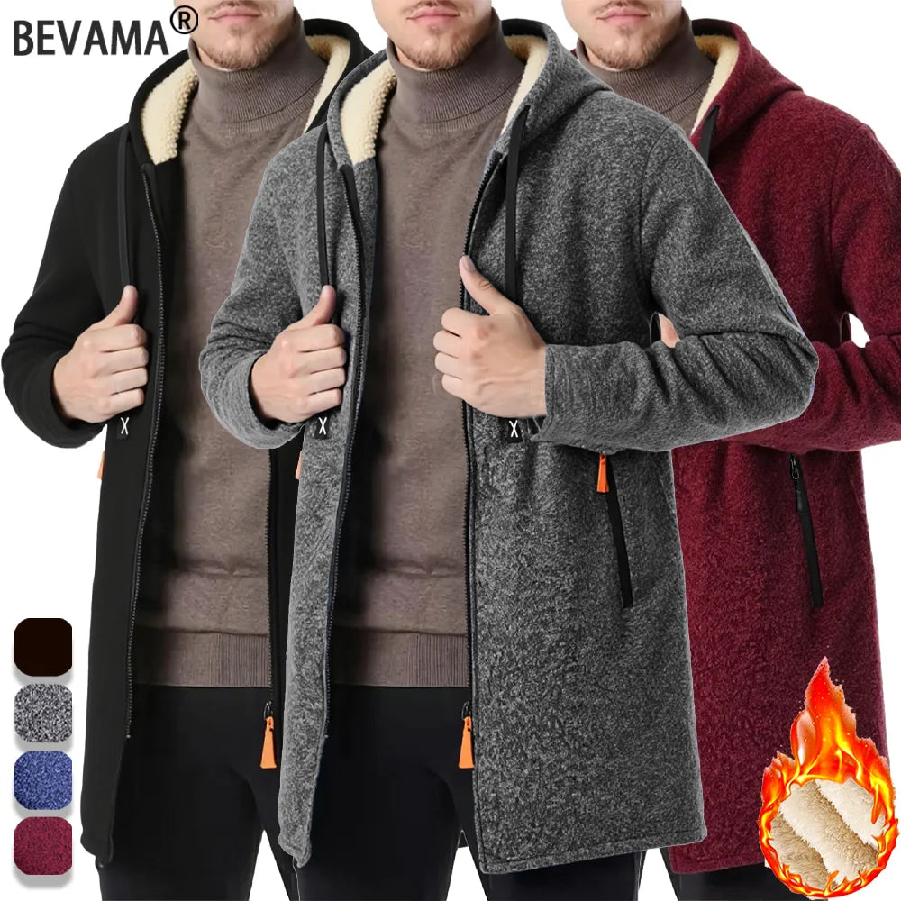 Men's Thickened Long Overcoat Jackets Winter Warm Zipper Hoodies Long Sleeve Sweatshirts Outdoor Solid Color Streetwear Tops