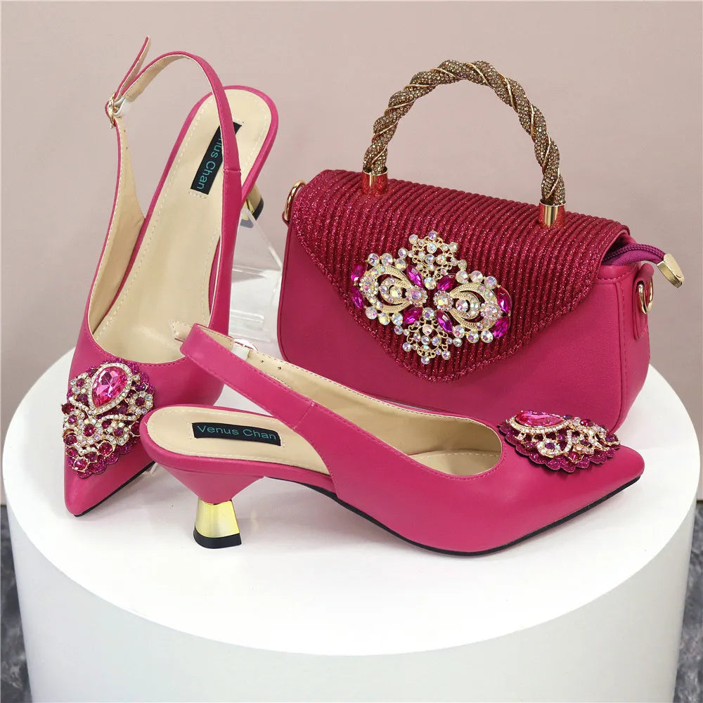 Italian 2024 Fashion Design Diamond Chain Full Diamond Bag And Pointed High Heels Noble And Generous Decoration Full Diamond