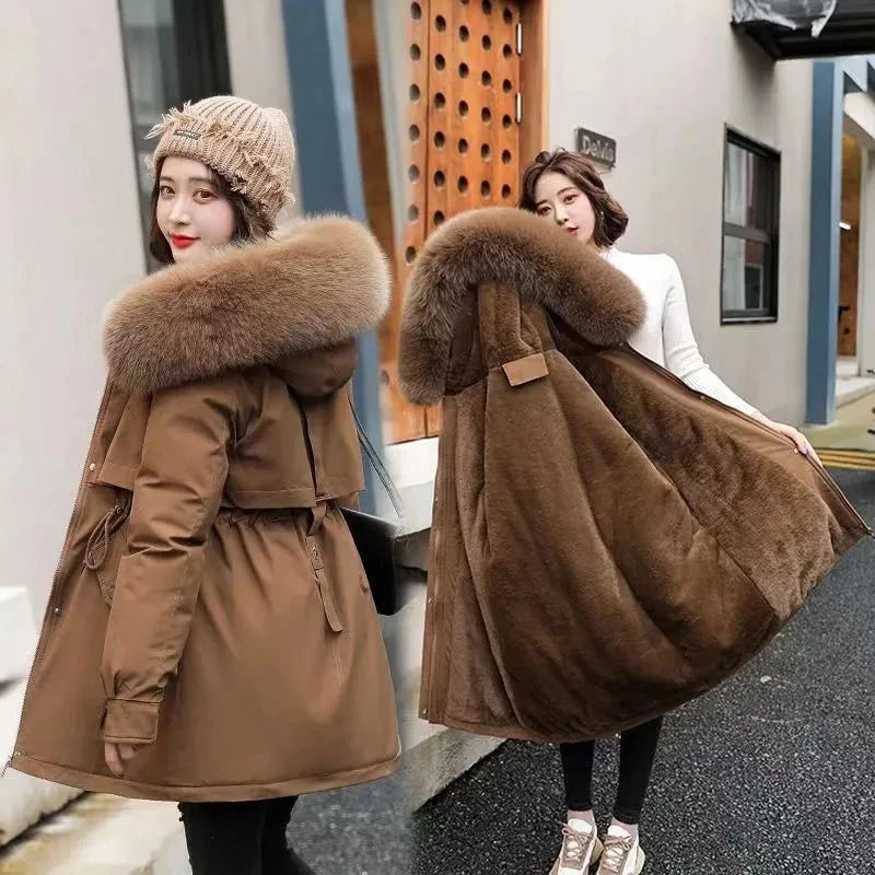 2025 Winter New Korean Edition Loose Thicken Cotton Jacket Women's Big Fur collar Hooded Coat Female Casual Warm Parker Overcoat