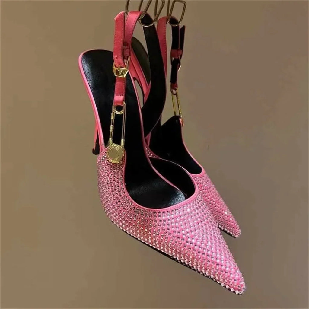 2025Women's Sexy Silk Rhinestone Pumps Belt Buckle Back Hollow Pointed Toe Thin Heel Sandals Pumps Female High Heels Party Shoes