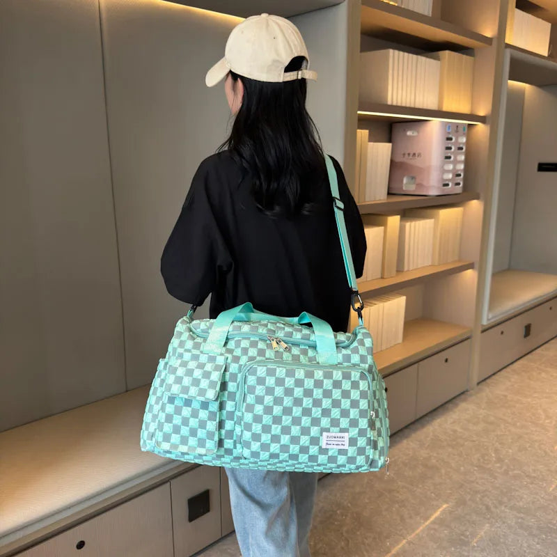 Fashion Large Capacity Checkerboard Pattern Duffle Handbag, Lightweight Travel Luggage Storage Bag, Portable Sports Fitness Bag