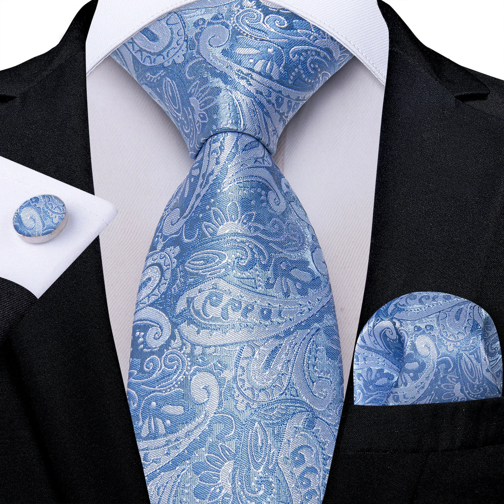 Light Blue Men's Tie Set Handkerchief Cufflinks Solid Paisley Floral Wedding Party Formal Groom Suits Accessories Gift Husband