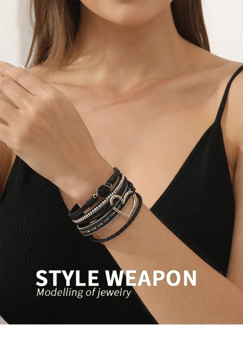 WYBU Love Heart Charm Leather Bracelets For Women Fashion Braided Bangles Multilayer Resin Stone Hollow Leather Wrap Bracelets