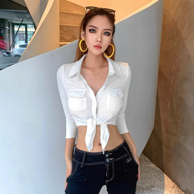 Candyhot Sweet Polo-neck Blouses Y2K Sexy Button Up Cardigan Long Sleeves Blouse Crop Tops Bandage Twist Knot Vest Women T Shirt