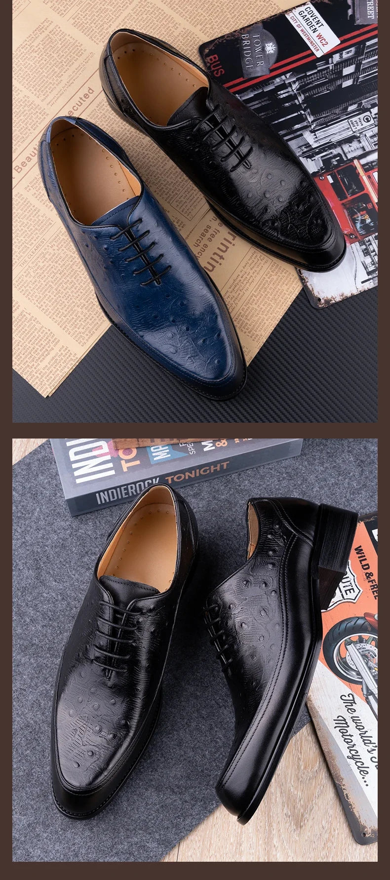 Men's Wedding Leather Shoes Handmade Classic Designer Formal Dress Leather Shoes Luxury Printing Pointed Toe Shoes Black Blue