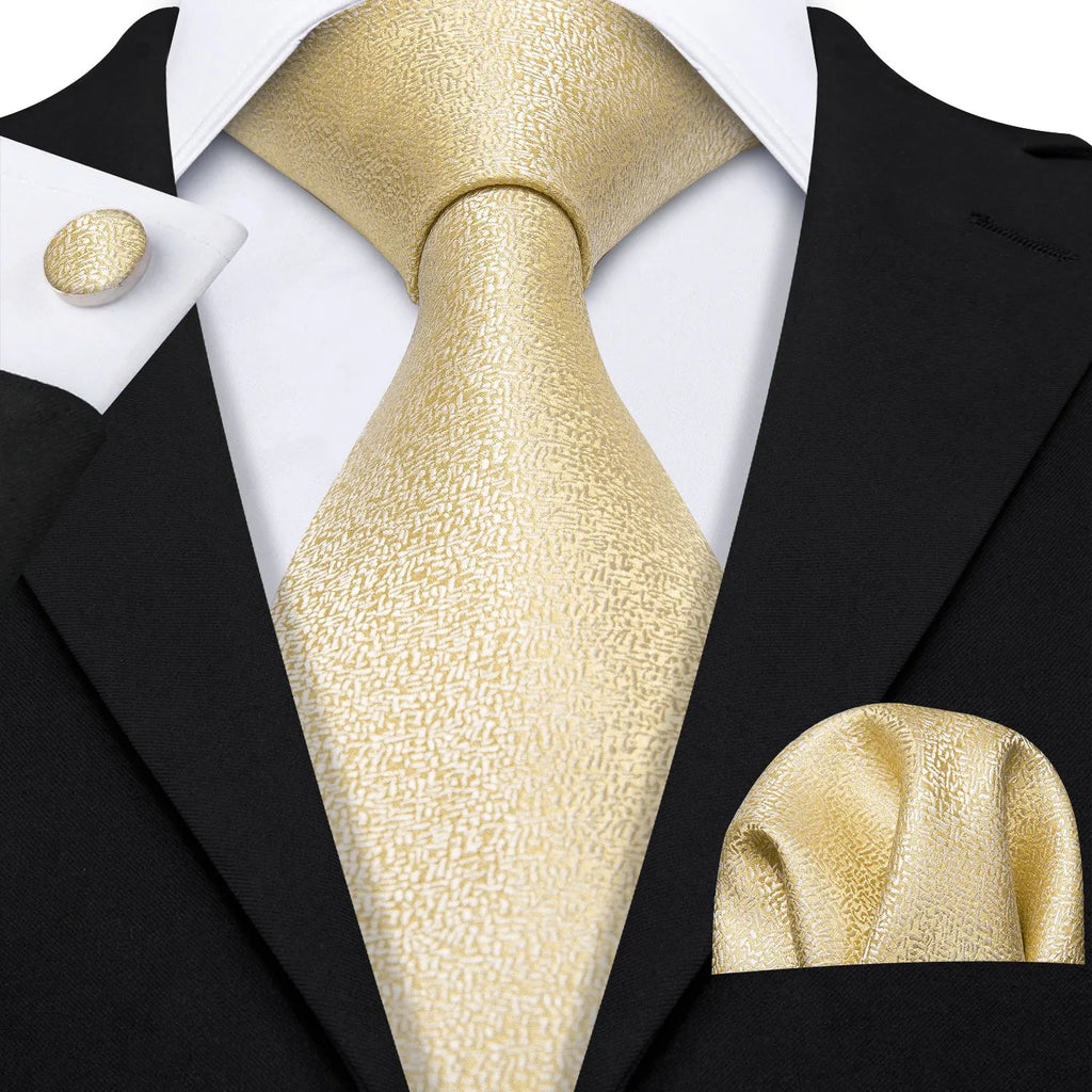 Barry.Wang Gold Beige Yellow Brown Tulip Silk Men Tie Handkerchief Cufflink Set Jacquard Necktie for Male Wedding Business Party