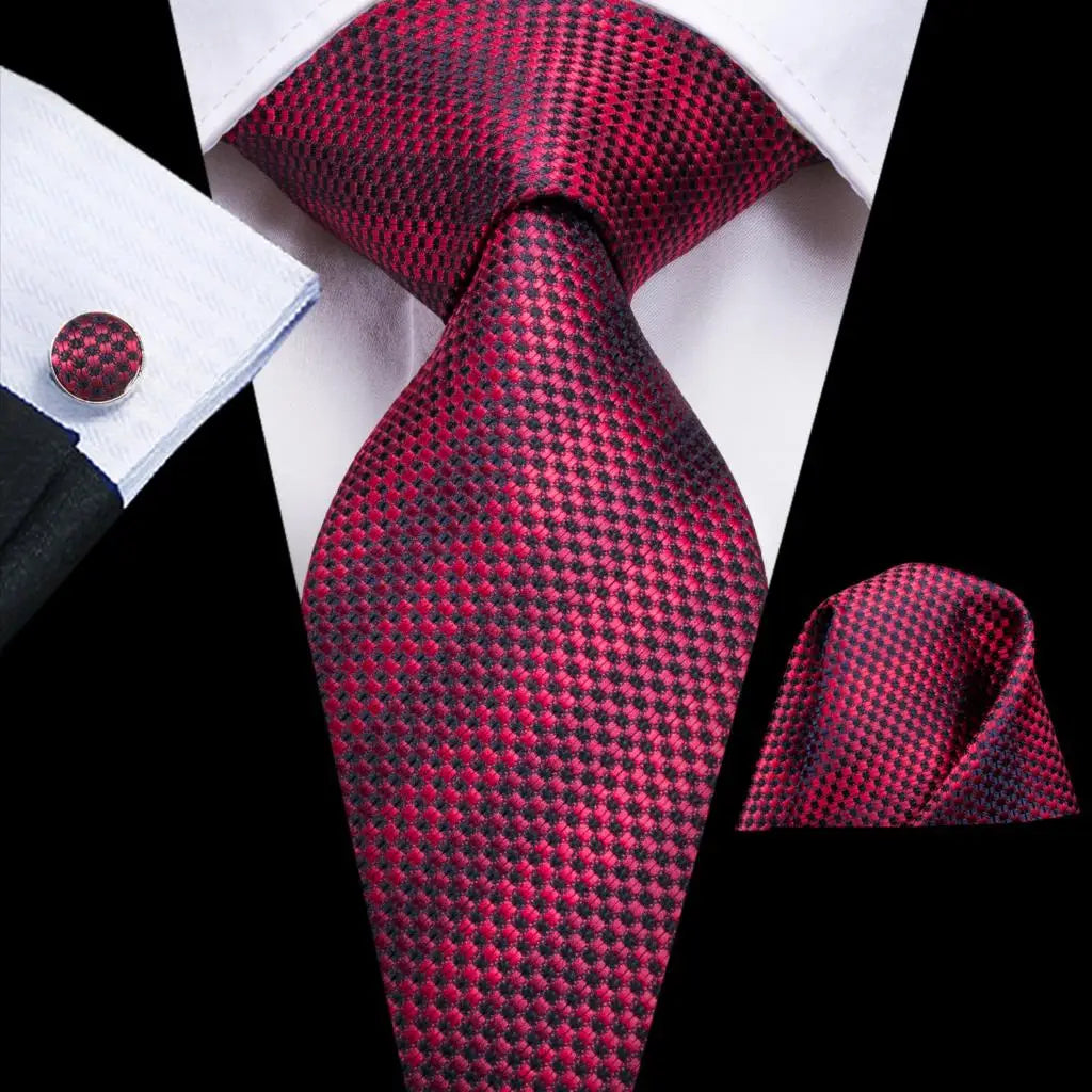 Hi-Tie Designer Red Burgundy Plaid Silk Wedding Tie For Men Handky Cufflink Gift Mens Necktie Fashion Business Party Dropshiping