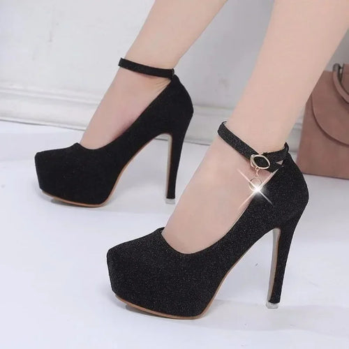 Bling Buckle Strap Pointed Toe Pumps – Women's High Heel Wedding Shoes in Black & Silver
