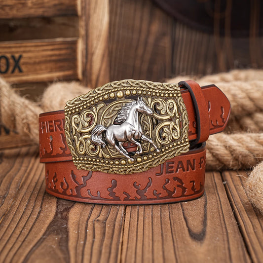 Western Cowboy PU Leather Belt - Men Waist Strap Bull Decoration Floral Engraved for Jeans