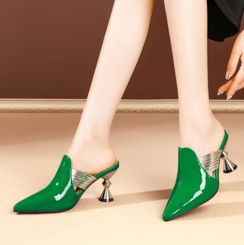 Women Sandals Wedding Party Strange Heels Mules Fashion Rhinestone Slippers Quality PU Pumps Shoes Woman