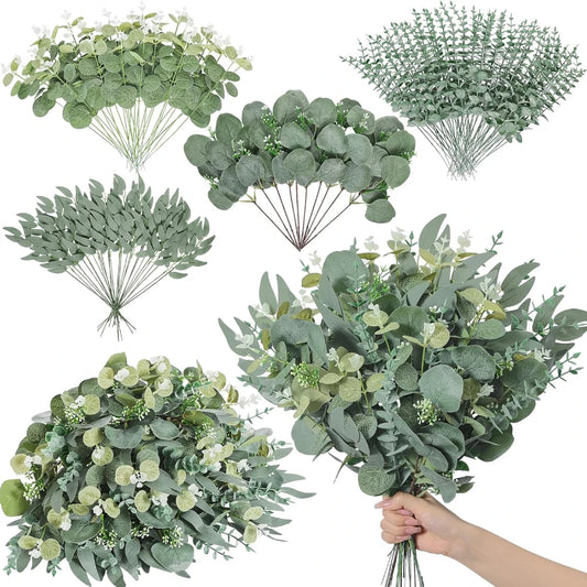 20pcs Artificial Mixed Eucalyptus Leaves Stems Silver Dollar Leaves for DIY Bouquets Floral Arrangement Home Decor Wedding
