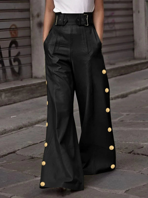 Modigirl 2025 Spring High Waisted Faux Pu Pants for Women Red Pleated Gold Button Streetwear Feamale Flared Wide-leg Trousers