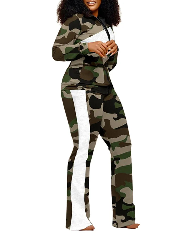 2023 Women Print Zipper Stand Collar Sheath Tops Two Piece Sets Full Sleeve Casual Long Straight Pants Set Autumn Winter