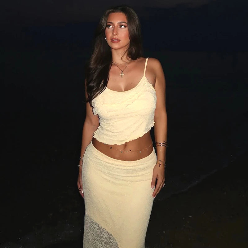 Tuularose Lace Sling Long Skirt Set Summer See-through Backless High Waisted Women Two Piece Sexy Beach Vacation Long Skirt Set