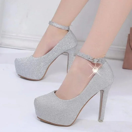 Fashion Wedding Shoes Women High Heels Pumps Bride Shoes Platform Super High Heel 12cm Black Silver Platform Shoes