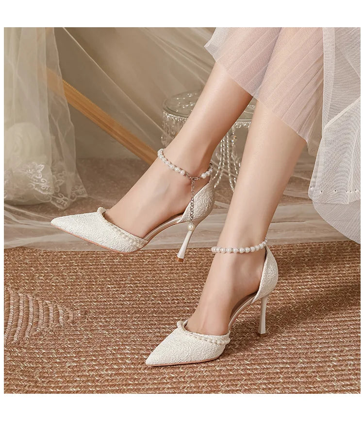 Size 30-44 Pearls Strap High Heels Lace Women White Wedding Shoes Stiletto Heel Point Toe Bride Bridesmaid