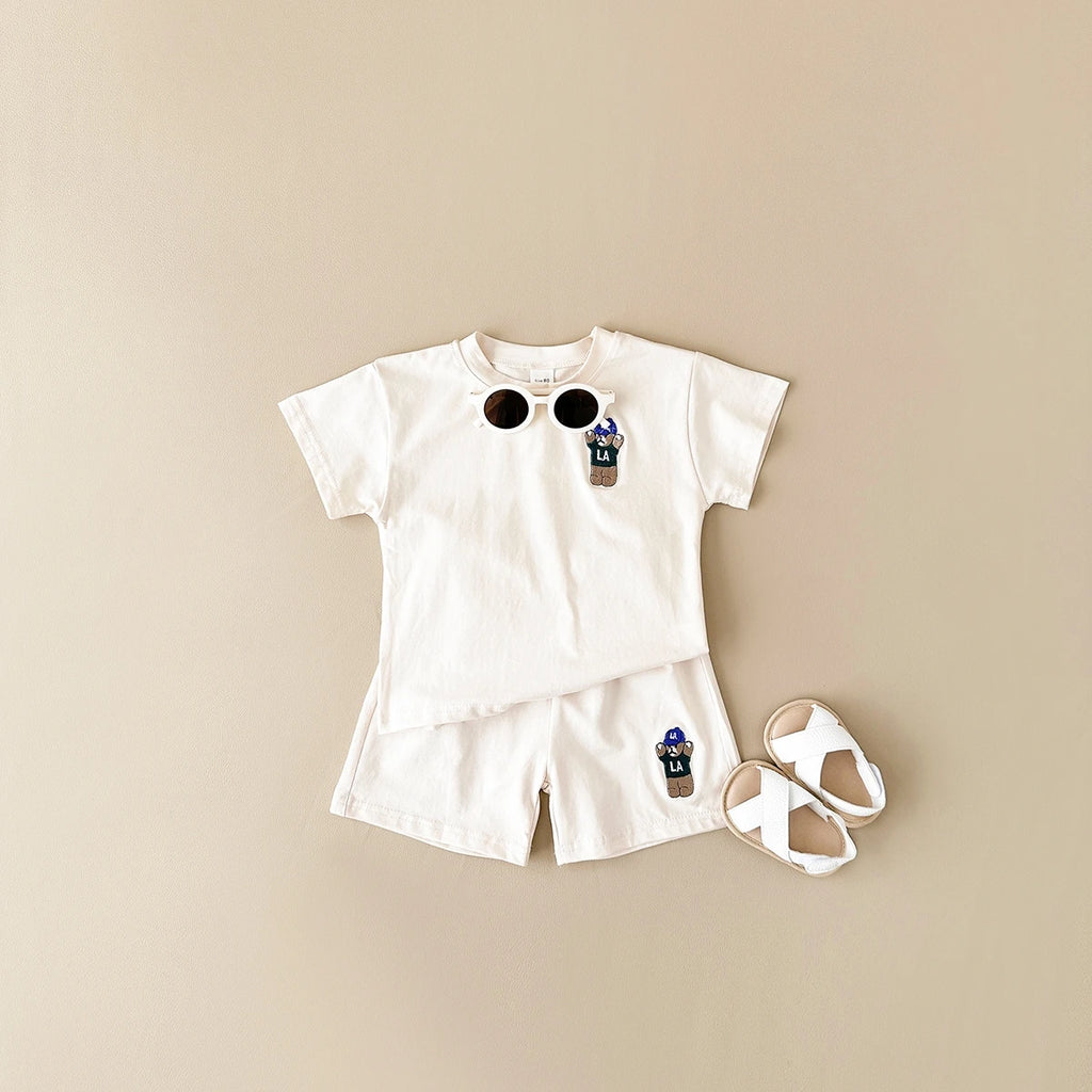 INS Summer Baby Boys Clothes Baby Girls Suit Bear Embroidery Thin Sports T-shirt Baby Cotton Infant Outfit Set Children Clothing