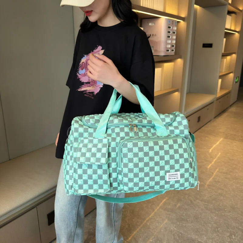 Fashion Large Capacity Checkerboard Pattern Duffle Handbag, Lightweight Travel Luggage Storage Bag, Portable Sports Fitness Bag