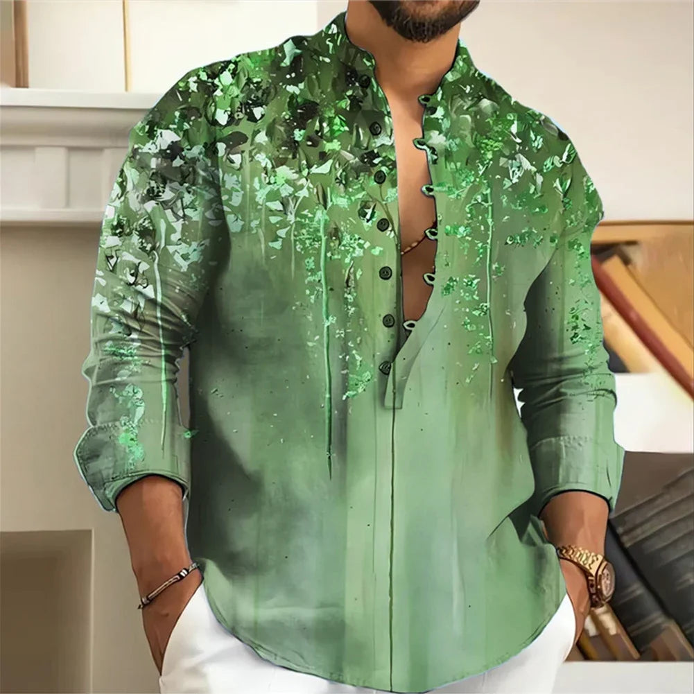 Men Long Sleeve Button-Down Shirt Blouse Loose Henley V-Neck Beach Tops T Shirts