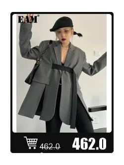 EAM Gray Spliced Pleated Personality Blazer Women New Lapel Long Sleeve Loose Fit Jacket Fashion Tide Spring Autumn 2025 30A1252