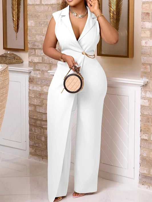 Women's Jumpsuit with Chain V Neck Blazer Collar Full Length Jumpsuit Ladies Summer Sleeveless Jumpsuit Wholesale Dropshipping